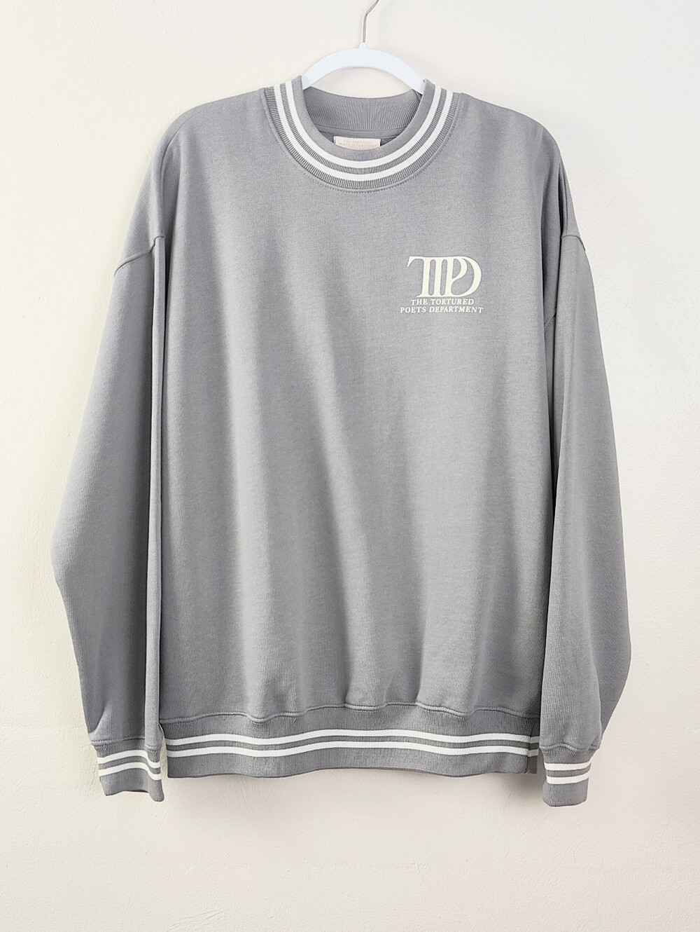 Taylor Swift Official Merch NEW TTPD Crewneck Sweater Size Medium Gray Stripe
